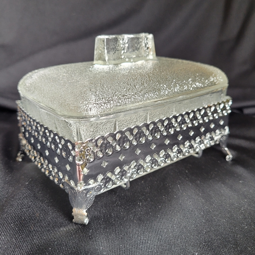 Vintage Glass Dish with Lid in Silver Tone Tray Holder Approx 5x4x3.5"
